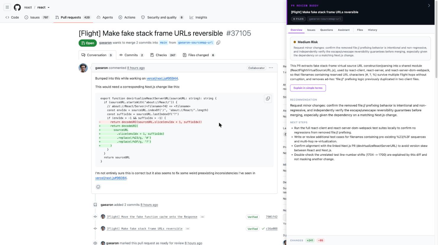 The PR Review Buddy sidebar open beside a pull request diff on GitHub