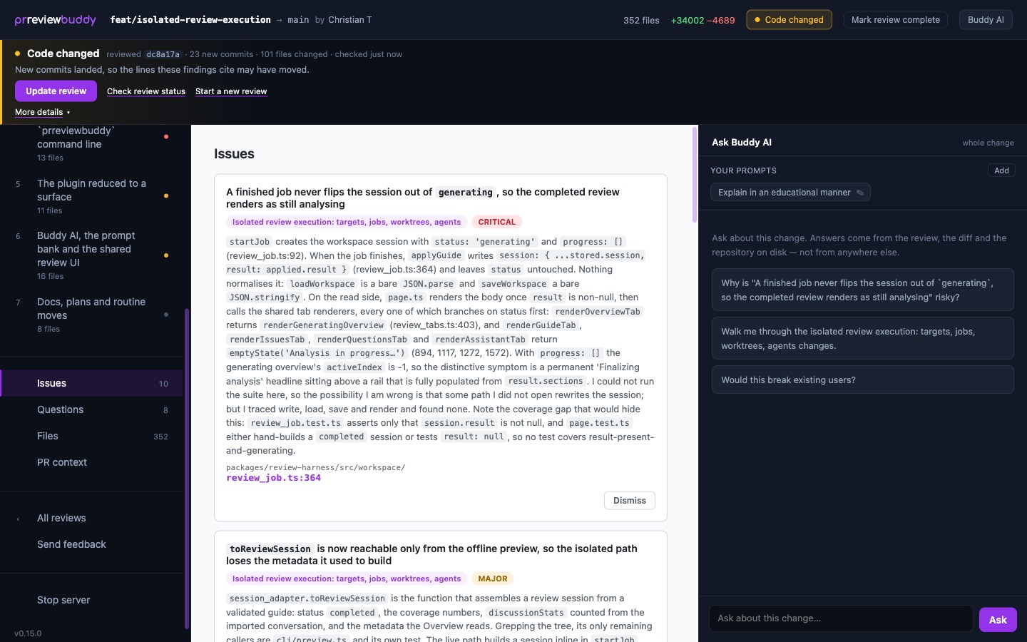 The Issues view showing a critical and a major finding, each tagged with its theme and the file and line it points at